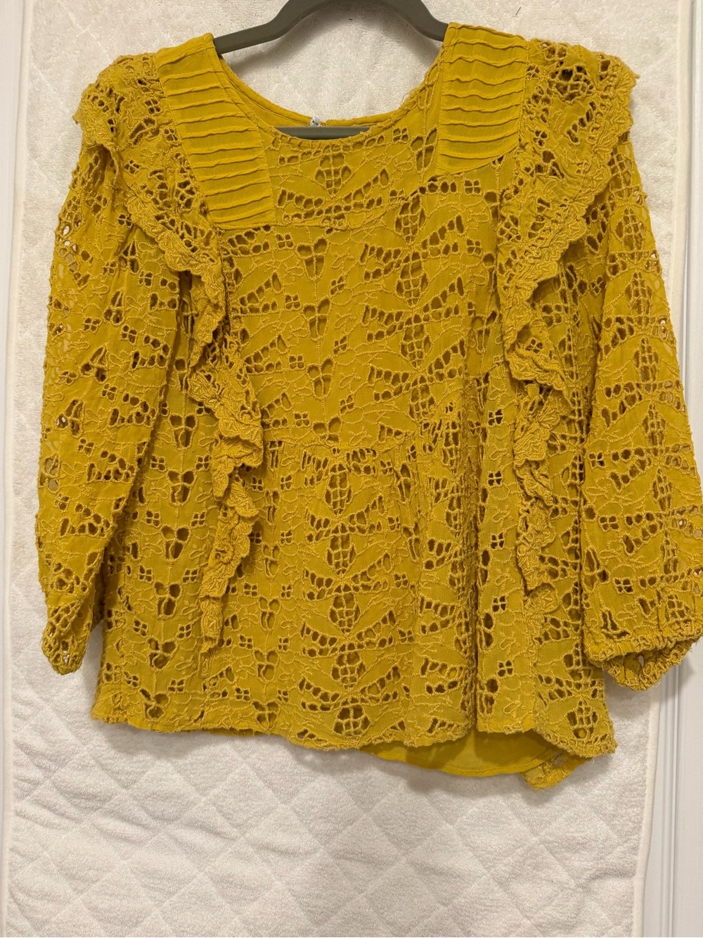 Anthropologie Mustard Crochet Ruffle Blouse